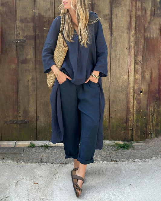 Kessoro women's loose v-neck two-piece set in navy blue, sky blue, white and orange