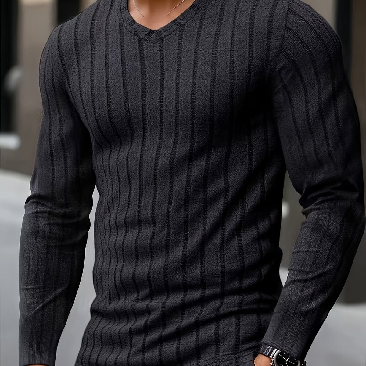 Men's ribbed V-neck long sleeve top in black, front view