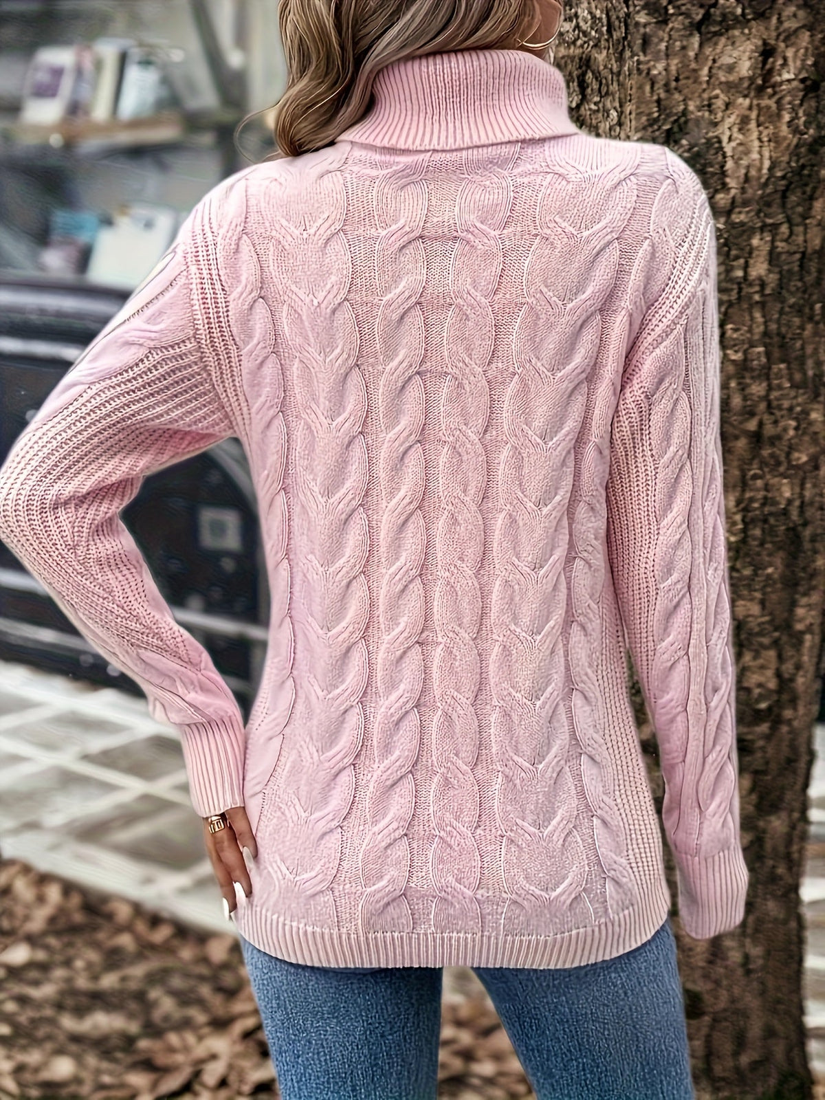 Kessoro women's cable-knit turtleneck sweater in red, black, grey, royal blue, violet, white and pink - product view 45