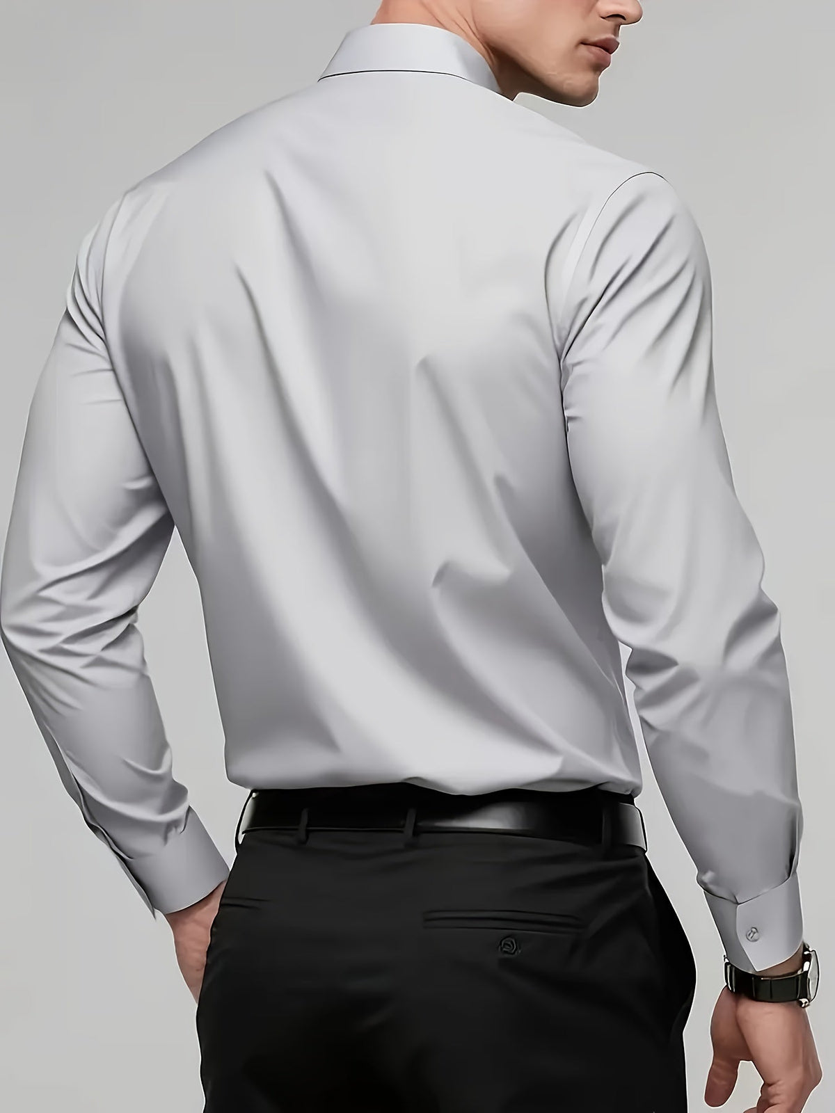 Men's tailored long-sleeve button-up shirt in sky blue, light grey and white, colour option 1 back view