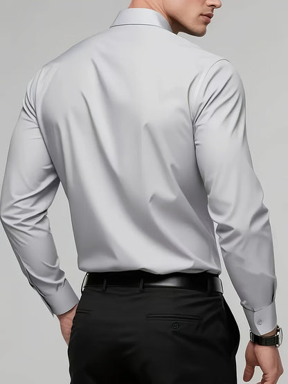 Men's tailored long-sleeve button-up shirt in sky blue, light grey and white, colour option 1 back view