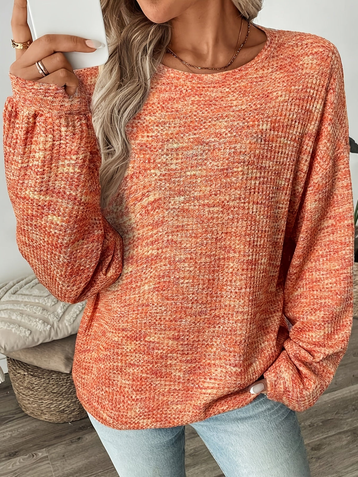 Kessoro women's relaxed waffle-knit pullover sweater in a warm orange-red colourway