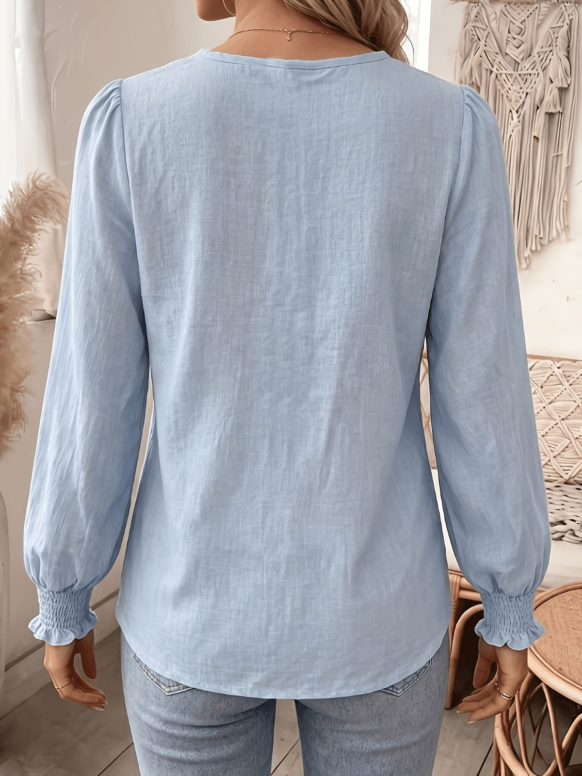 Kessoro women's embroidered V-neck lantern-sleeve blouse in white and light blue – view 5