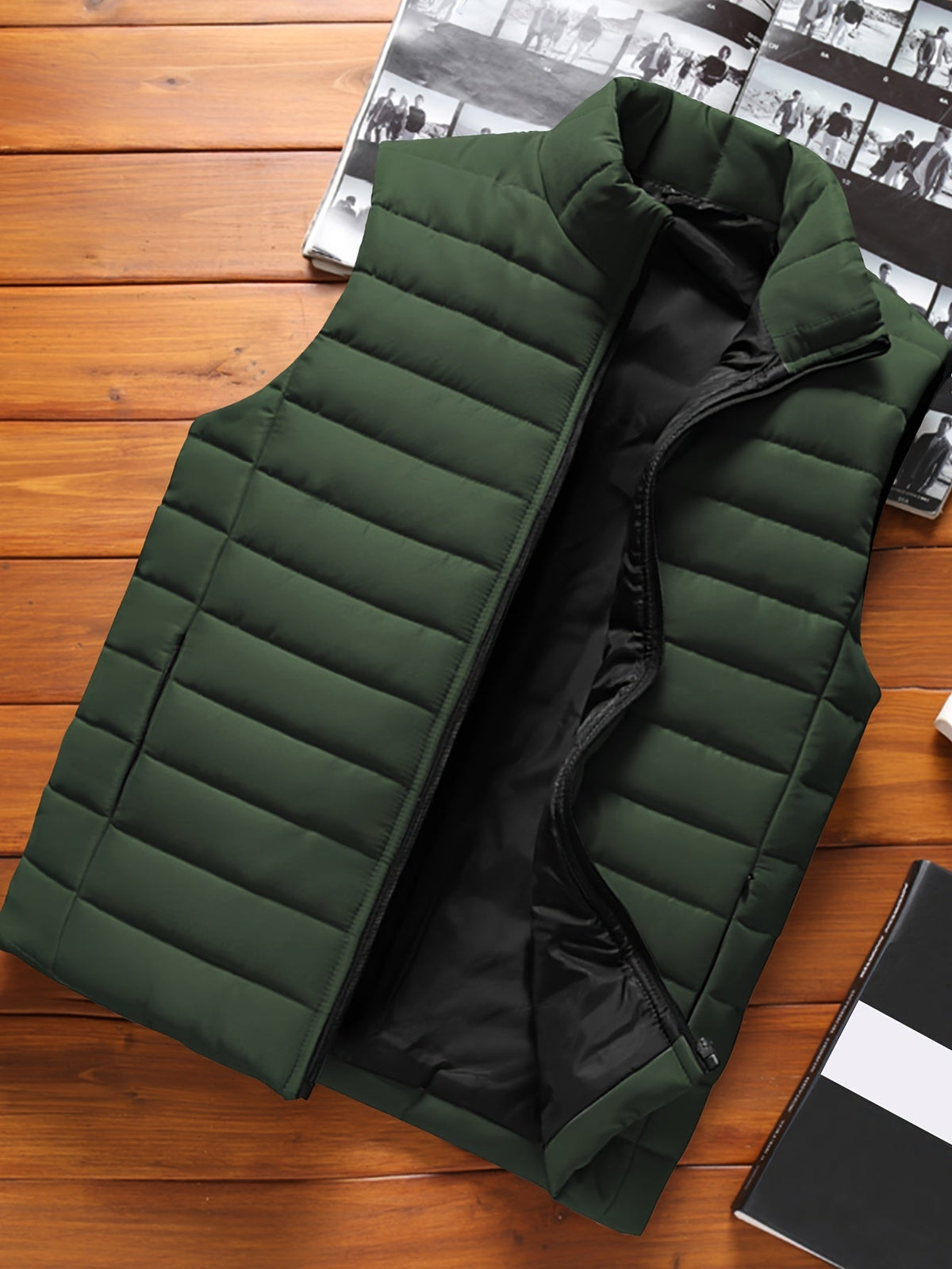 Kessoro Men's Quilted Stand-Collar Puffer Vest in military green and royal blue - men's apparel, view 3 of 19