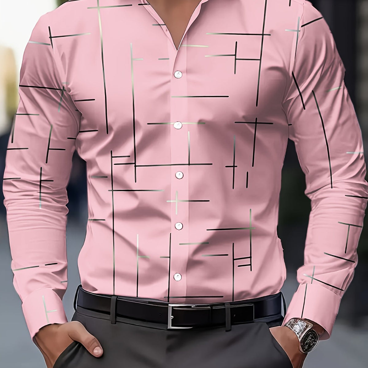 Men's line-print regular fit button-up shirt in navy, malachite green, orange yellow and pink, view 14