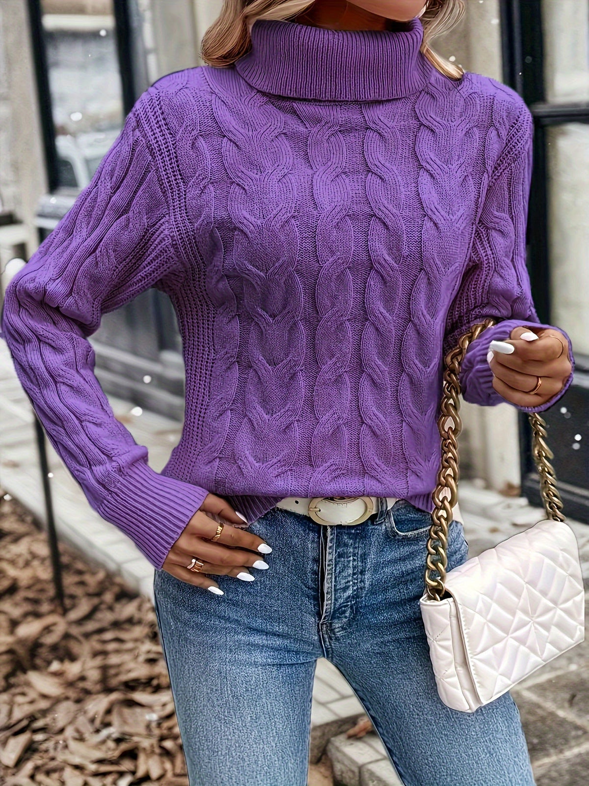 Kessoro women's cable-knit turtleneck sweater in red, black, grey, royal blue, violet, white and pink - product view 34