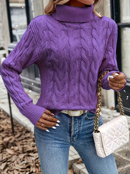 Kessoro women's cable-knit turtleneck sweater in red, black, grey, royal blue, violet, white and pink - product view 34