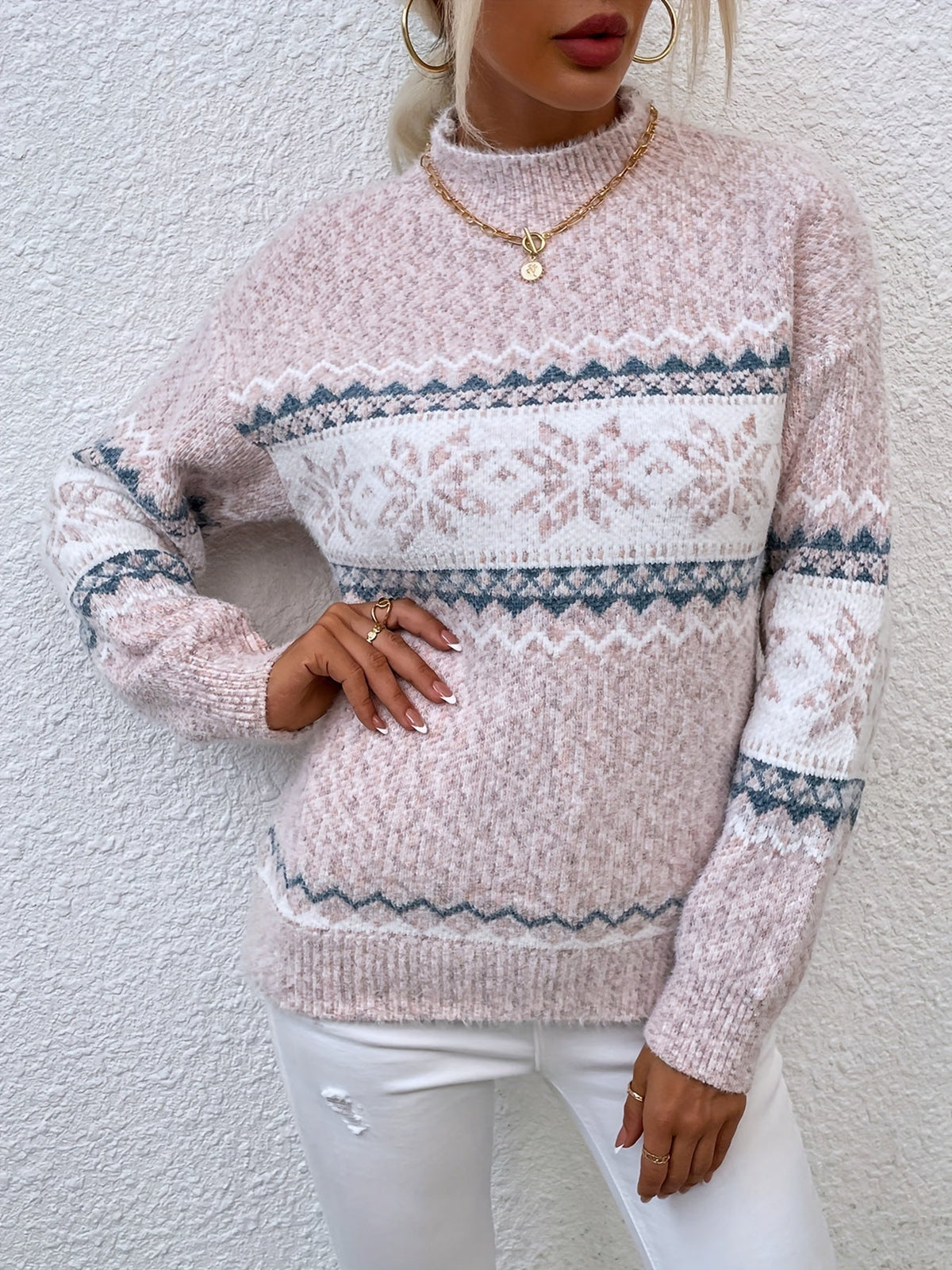 Kessoro women's snowflake mock-neck knit sweater in grey, pink or blue, view 11 of 23