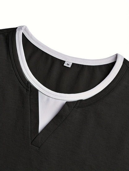 Men's notch-neck contrast-stitch henley shirt in black, close-up view