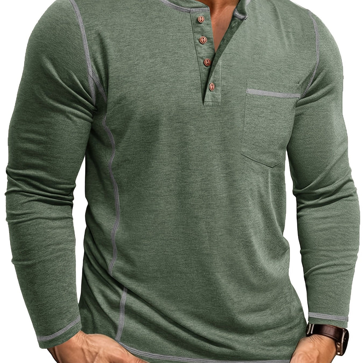 Men's contrast-stitch long sleeve henley shirt in khaki and green, colour option 1 front view
