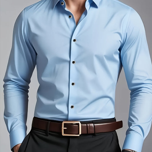 Men's tailored long-sleeve button-up shirt in sky blue, light grey and white, front view
