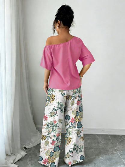 Kessoro women's off-shoulder wide-leg two-piece set in blue and pink, view 7