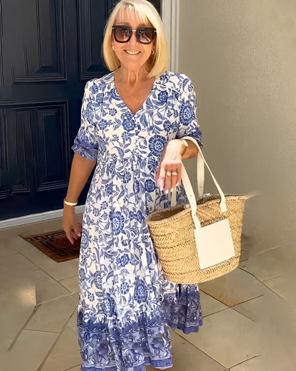Women's V-neck floral maxi dress in blue, orange, pink, purple and sky blue