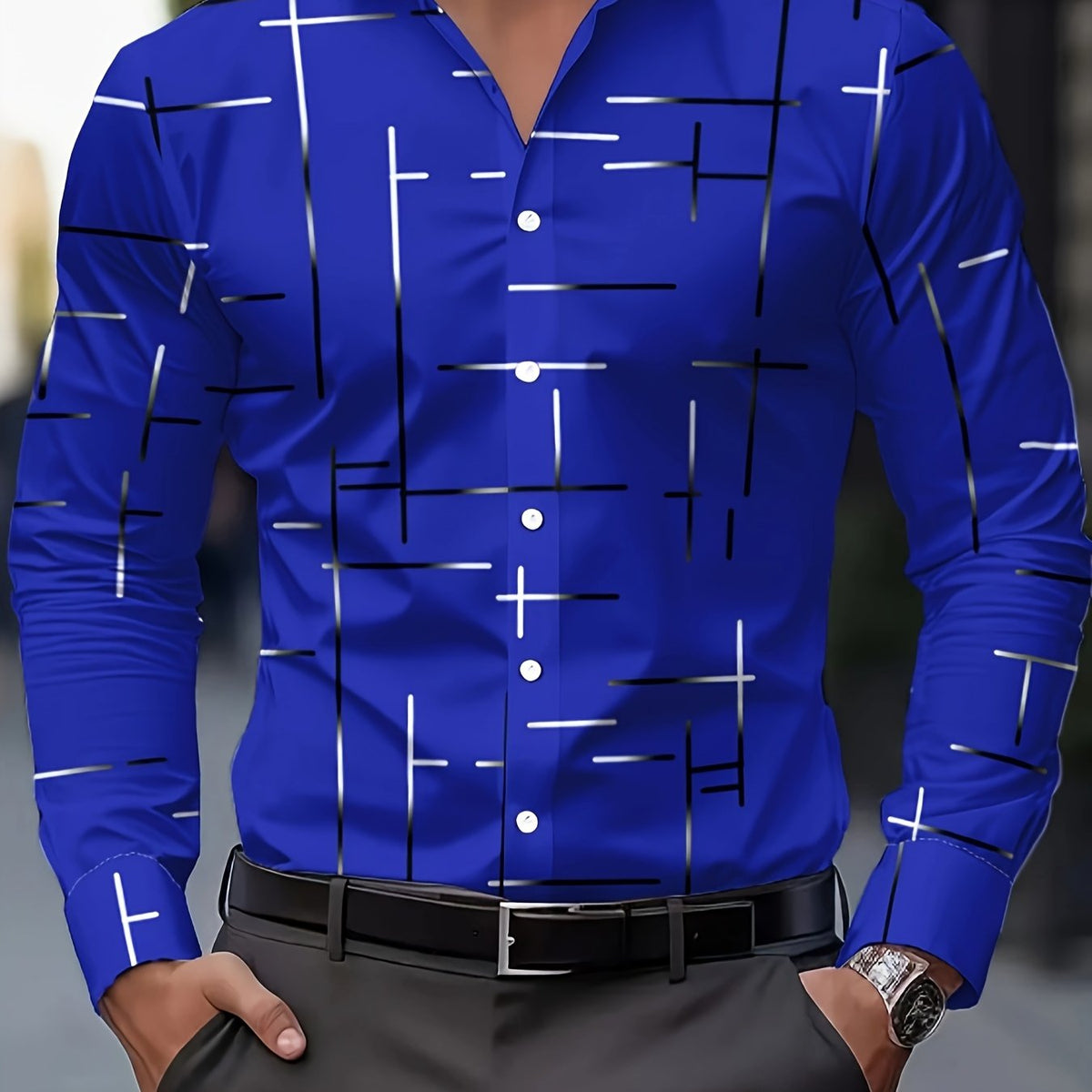 Men's line-print regular fit button-up shirt in navy, malachite green, orange yellow and pink, view 11
