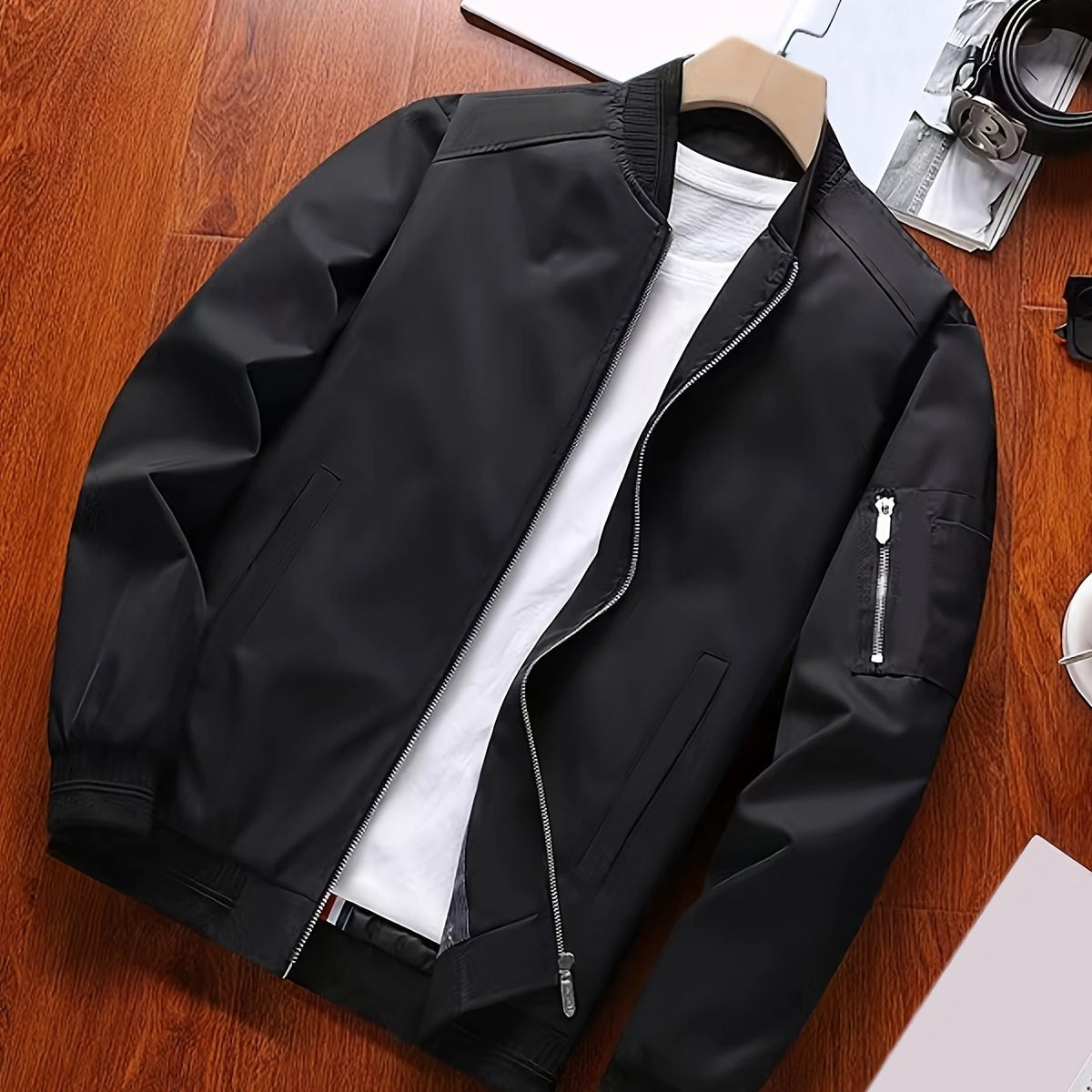 Men's classic zip-front everyday bomber jacket in black and burgundy, front view