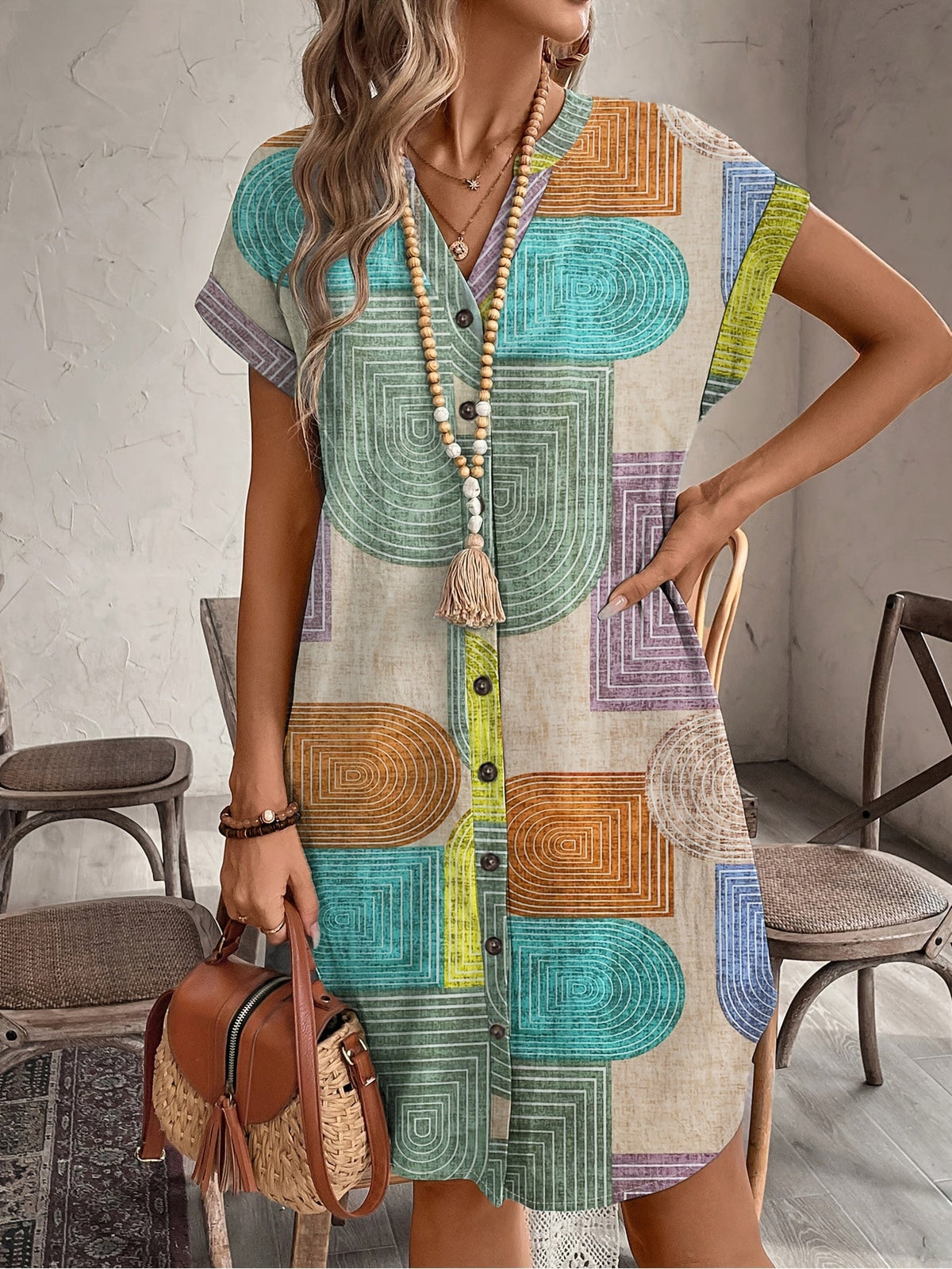 Kessoro women's retro geometric print V-neck button-front shirt dress in mixed colours