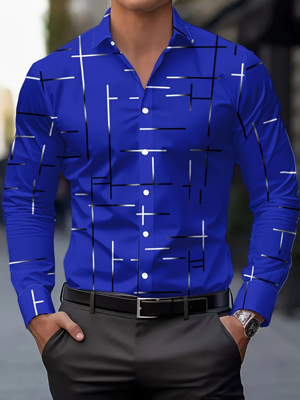 Men's line-print regular fit button-up shirt in navy, malachite green, orange yellow and pink, view 5