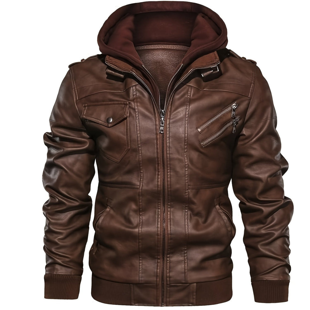 Kessoro men's hooded moto biker jacket in black, dark grey or coffee brown, view 22 of 30