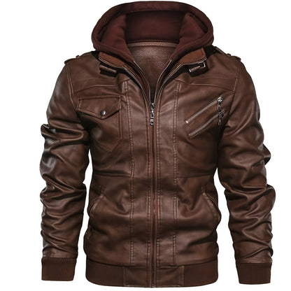 Kessoro men's hooded moto biker jacket in black, dark grey or coffee brown, view 22 of 30