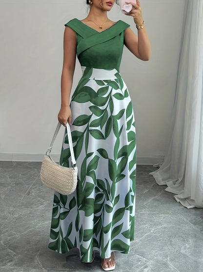 Women's leaf-print wrap-neck A-line maxi dress in a deep natural colourway