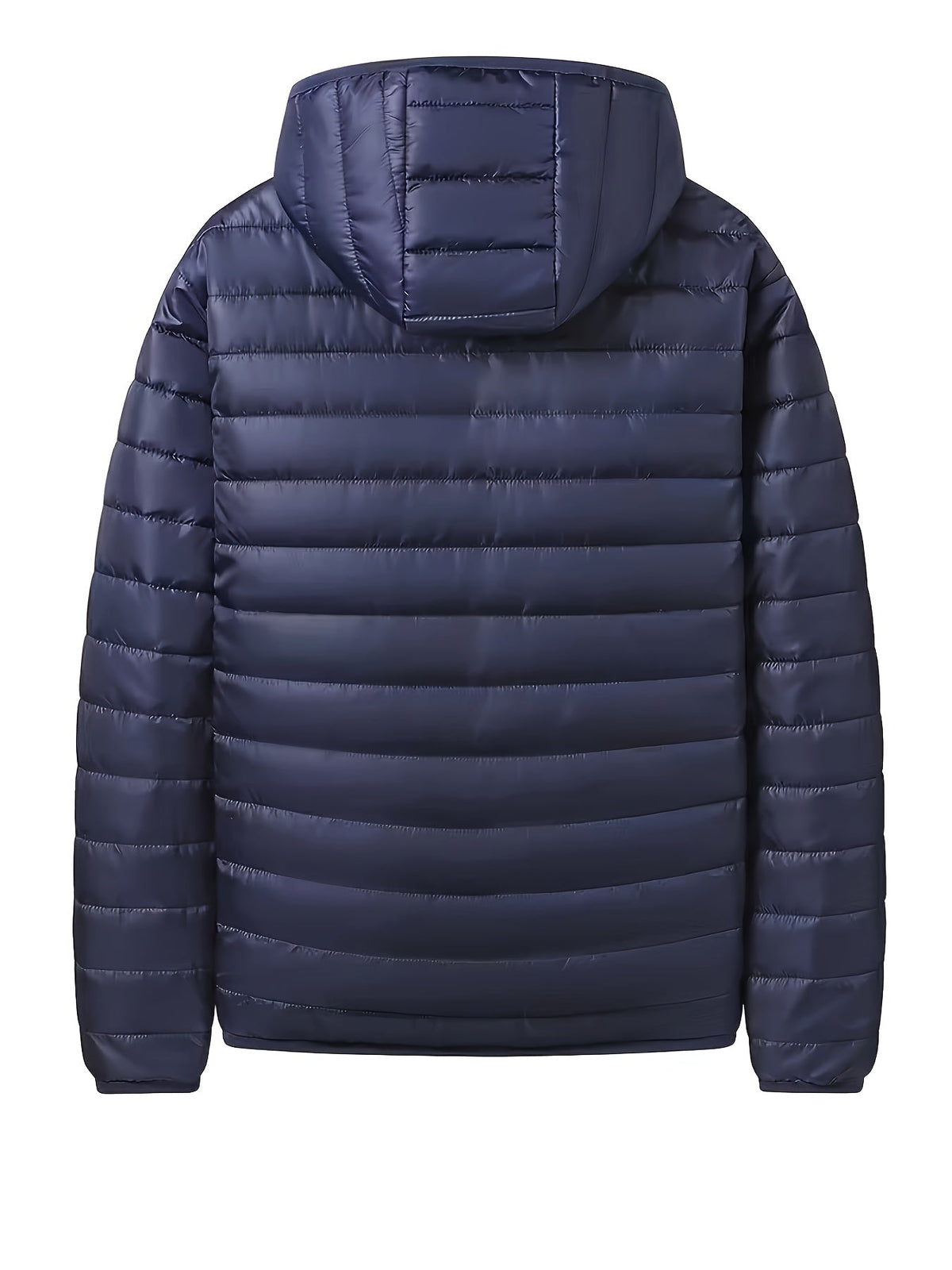 Men's lightweight quilted hooded puffer jacket in dark green, light grey, navy and black, close-up view
