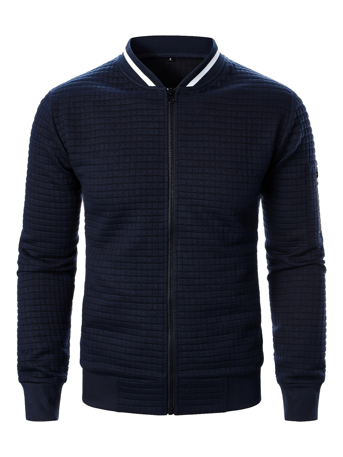 Men's textured stand-collar zip-up bomber jacket in khaki, black, dark gray, military green, navy and burgundy, close-up view 3
