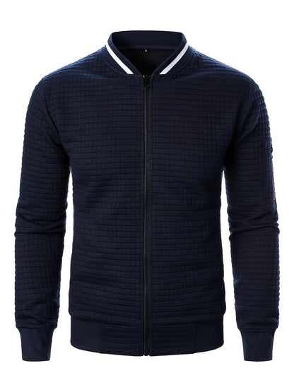 Men's textured stand-collar zip-up bomber jacket in khaki, black, dark gray, military green, navy and burgundy, close-up view 3