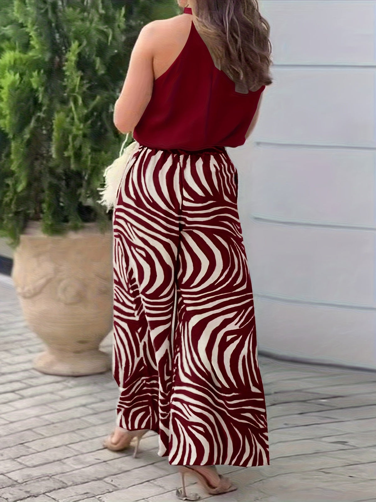 Women's sleeveless stand-collar top and wide-leg trouser two-piece set in olive green and burgundy, view 3