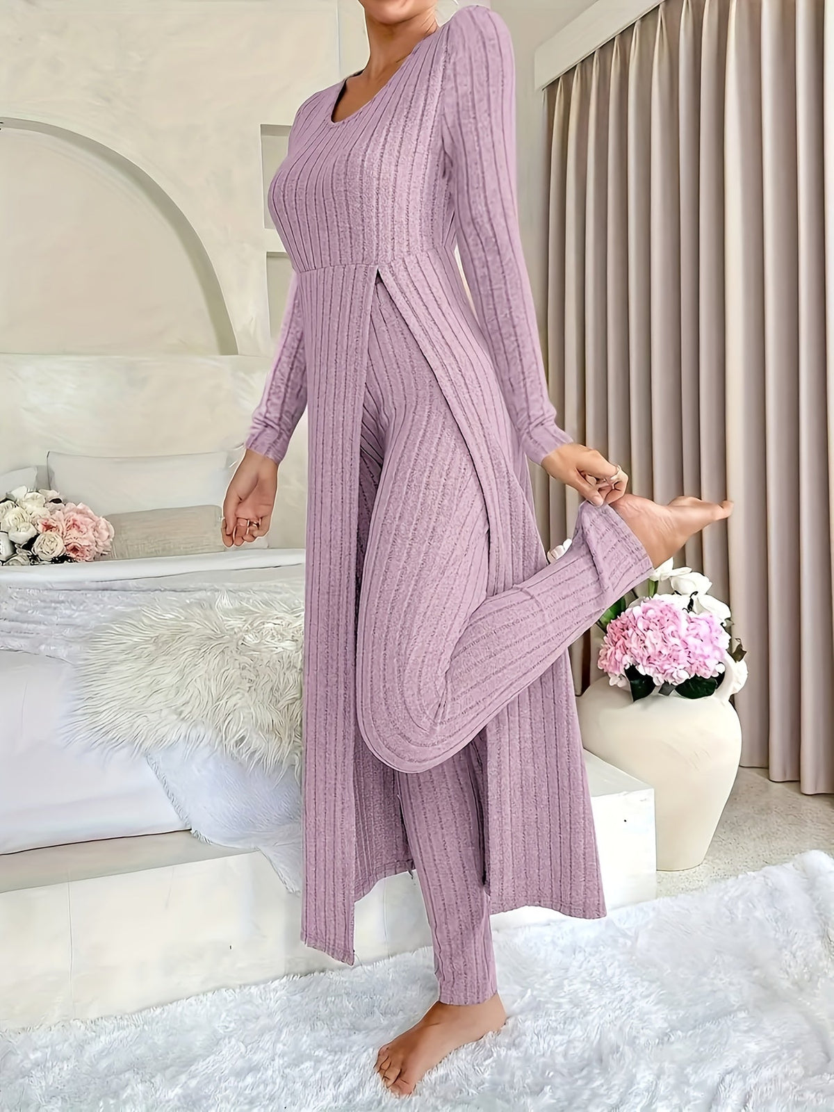 Kessoro women's ribbed tunic and wide-leg trouser lounge set in sage, violet and peacock blue, view 3