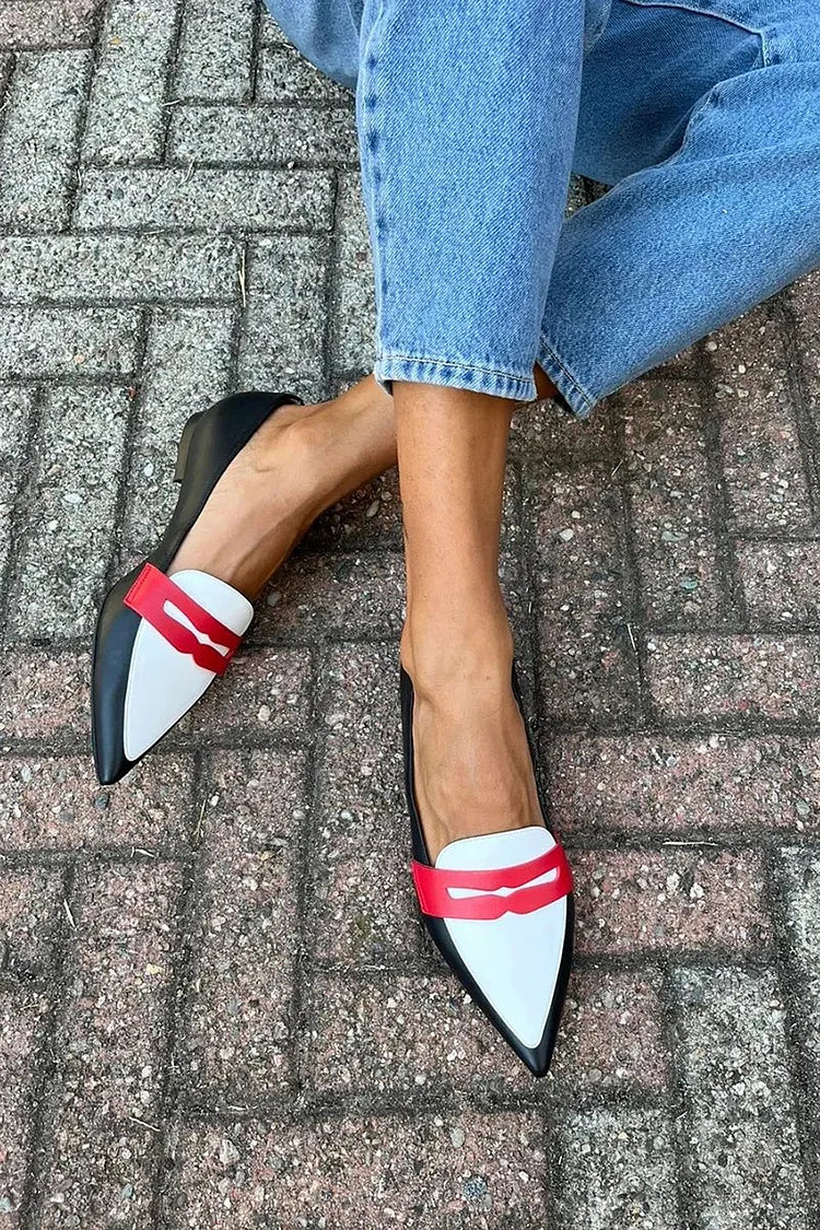 Kessoro women's pointed toe two tone flats in black with red accent