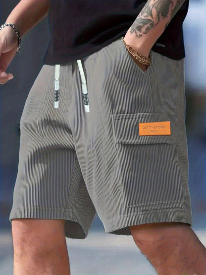 Men's textured drawstring cargo shorts in black, apricot and grey