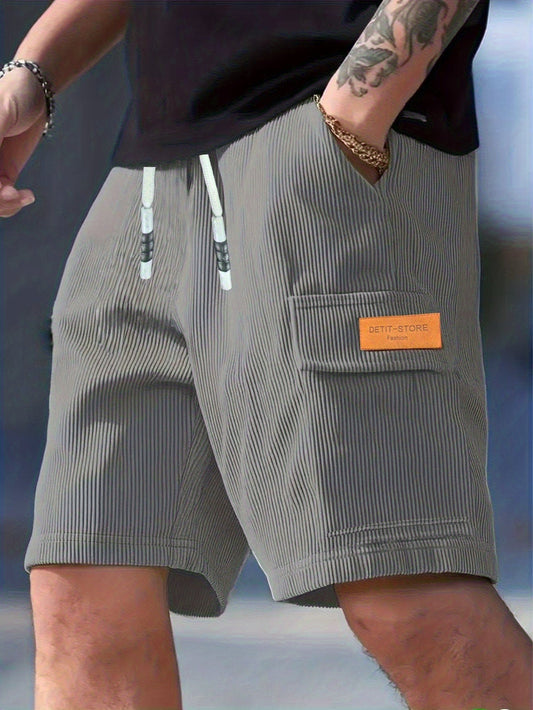 Men's textured drawstring cargo shorts in black, apricot and grey