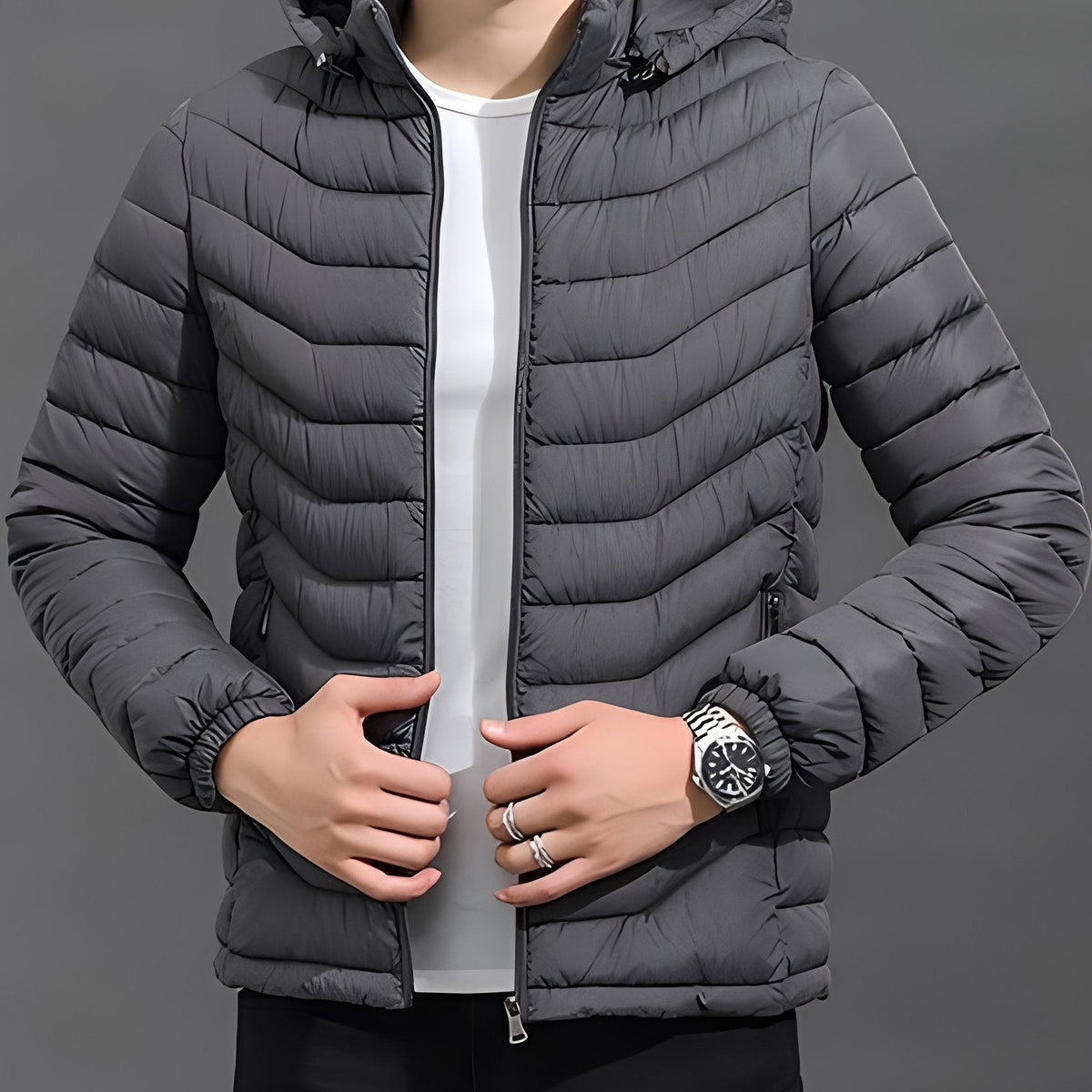 Kessoro Women's Hooded Quilted Puffer Jacket in black and grey, image 6 of 11.
