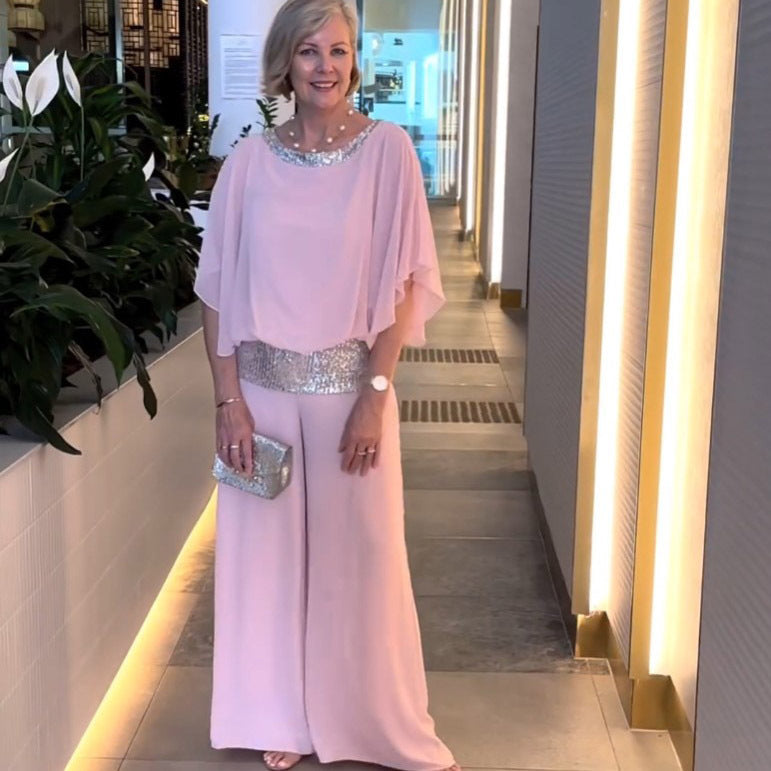 Women's wide sleeve top and wide-leg pants set in pink, black, blue, khaki, white and red
