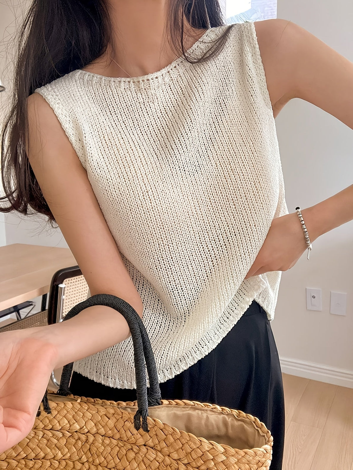 Kessoro women's relaxed open-knit sleeveless top in apricot and coffee brown, women's tops — view 1 of 8