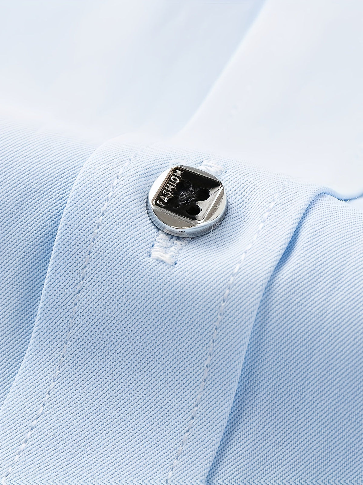 Men's tailored long-sleeve button-up shirt in sky blue, light grey and white, colour option 1 front view
