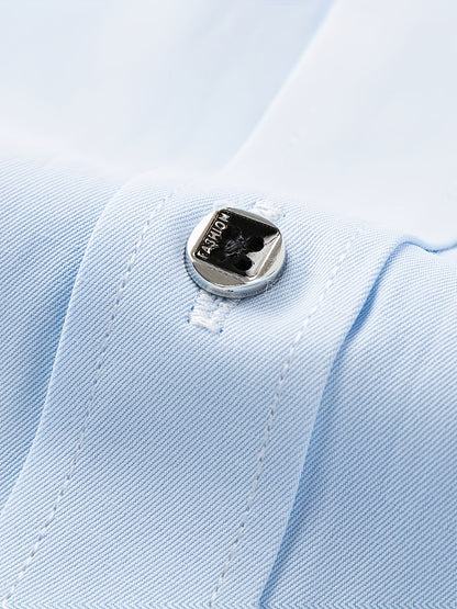 Men's tailored long-sleeve button-up shirt in sky blue, light grey and white, colour option 1 front view