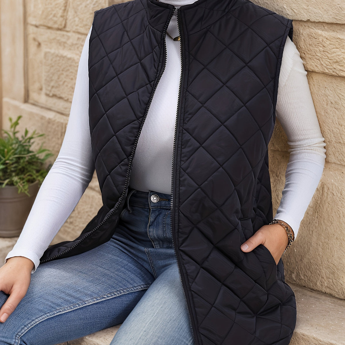 Kessoro Women's Diamond-Quilted Longline Vest in black - women's apparel, view 1 of 5