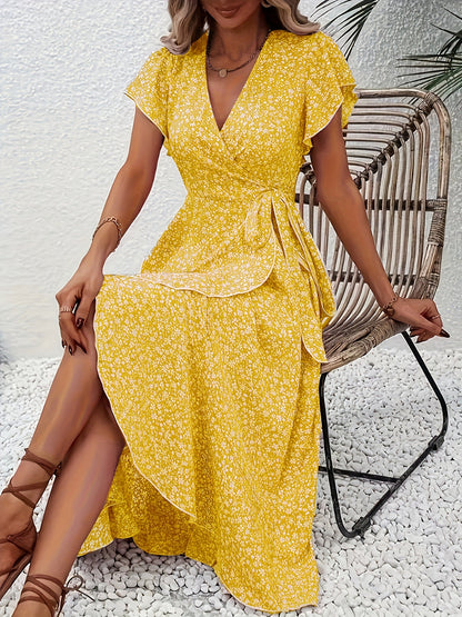 Kessoro women's flowing floral print wrap dress in peacock blue, yellow, green, camel and navy
