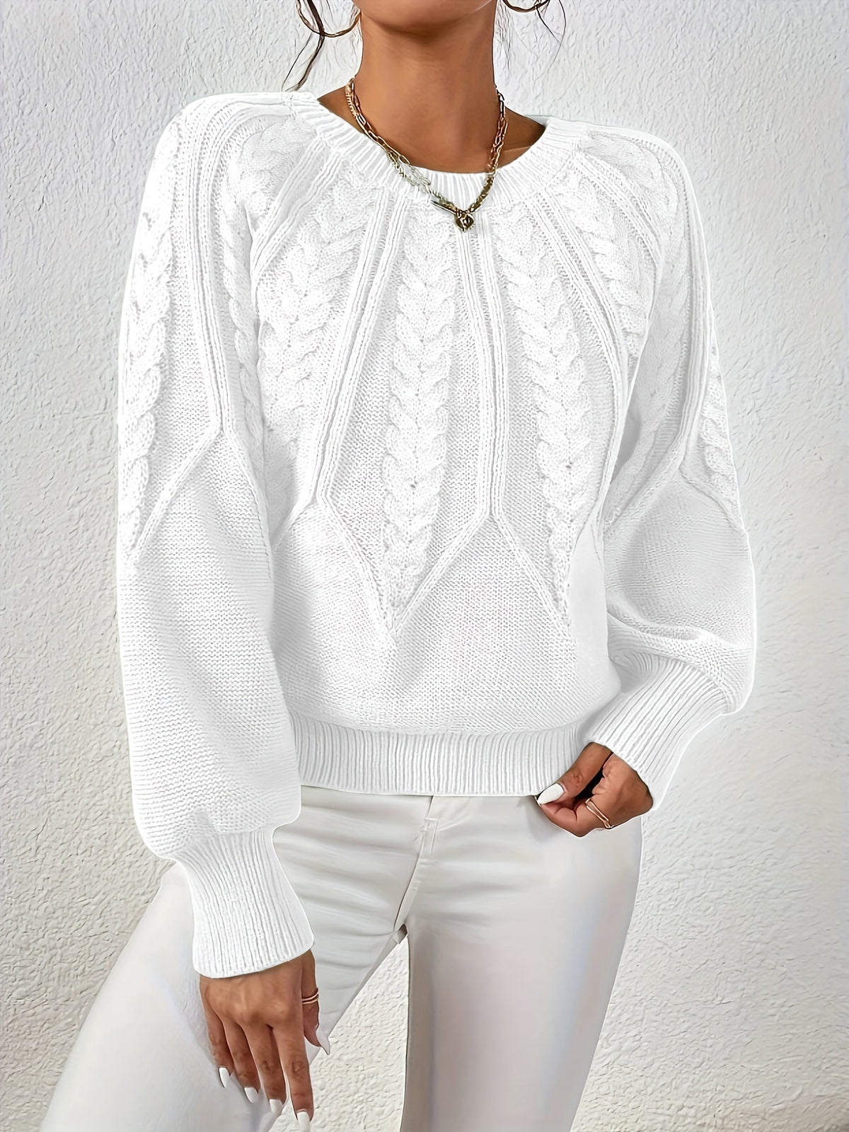 Kessoro women's relaxed cable-knit lantern-sleeve sweater in matcha, beige, burgundy, navy and camel