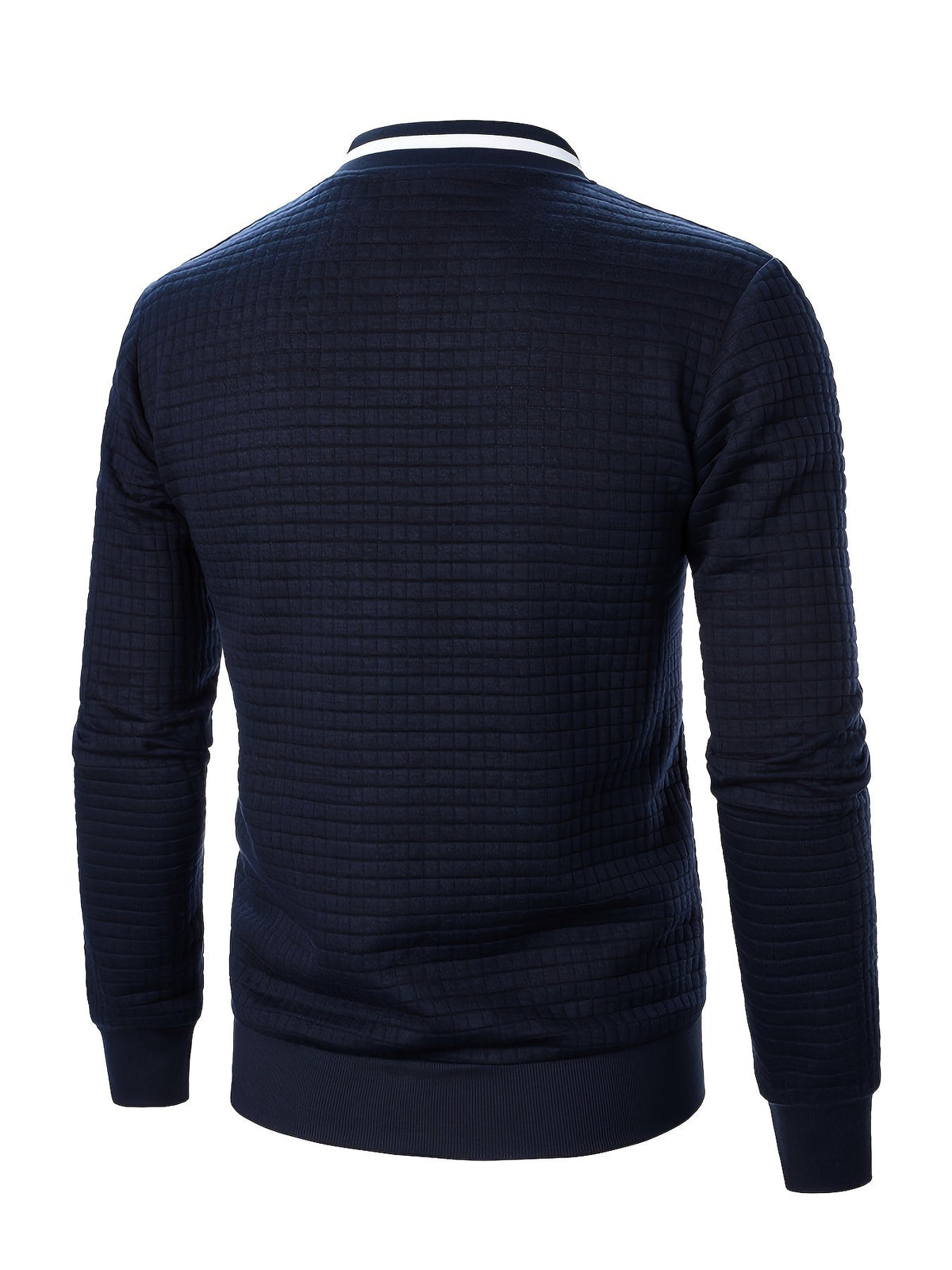 Men's textured stand-collar zip-up bomber jacket in khaki, black, dark gray, military green, navy and burgundy, collar detail view 3