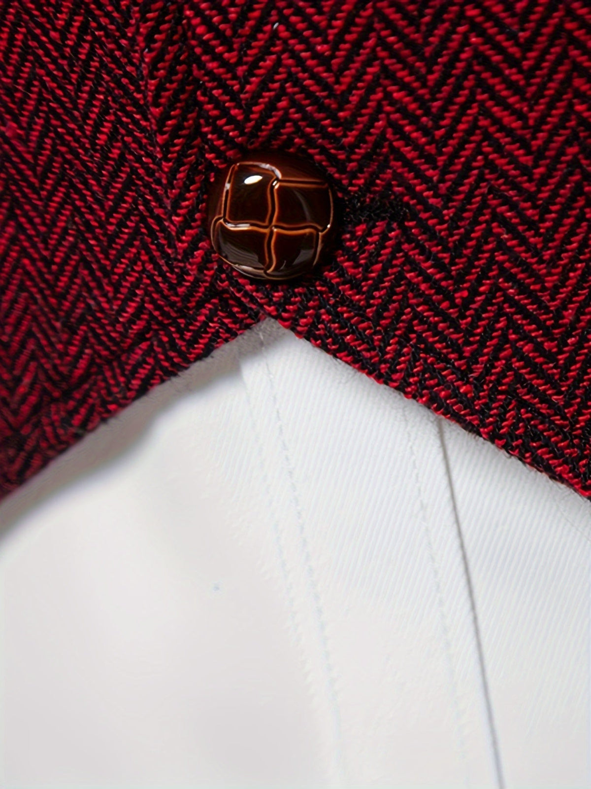 Kessoro men's herringbone single-breasted suit vest in burgundy, worn over a dress shirt