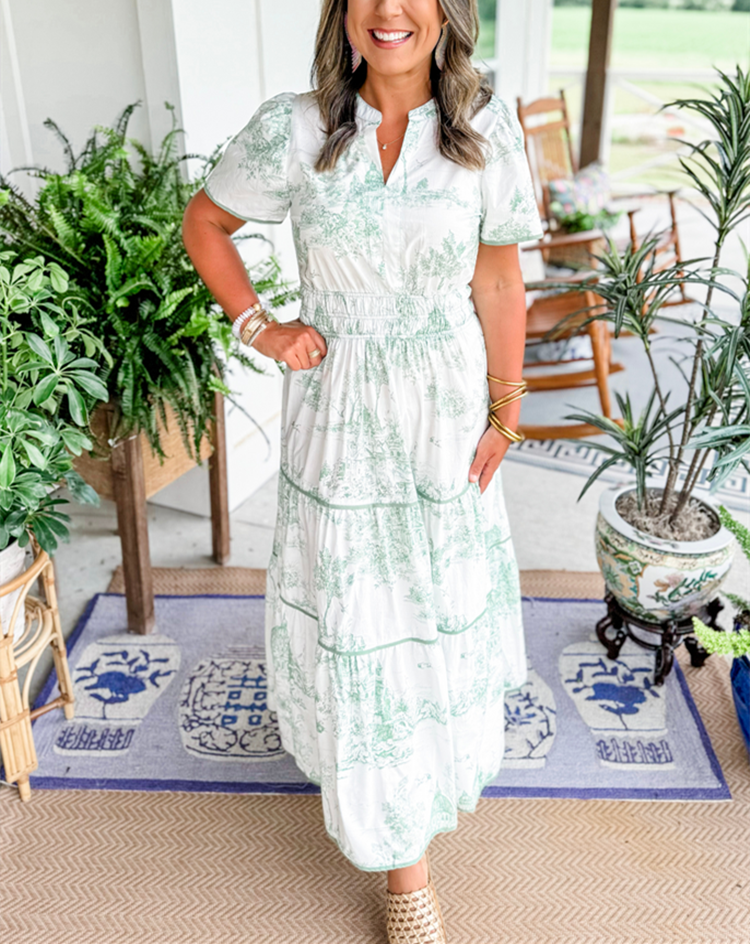Women's toile print tiered maxi dress with a smocked waist and soft V-neckline