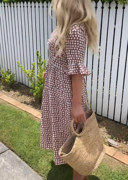Women's short sleeve flowing relaxed midi dress in brown, red, yellow, green, blue or black