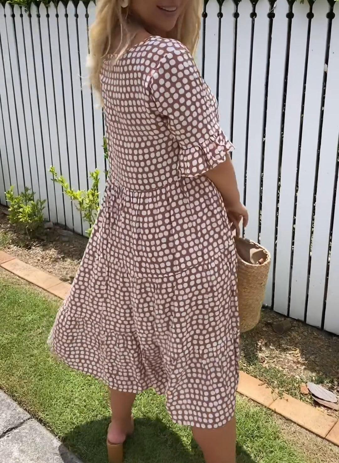 Women's short sleeve flowing relaxed midi dress in brown, red, yellow, green, blue or black