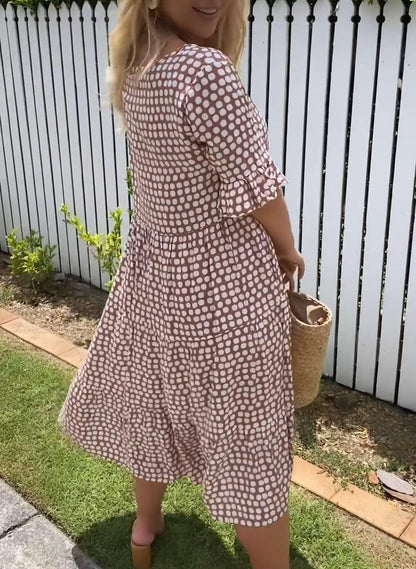 Women's short sleeve flowing relaxed midi dress in brown, red, yellow, green, blue or black