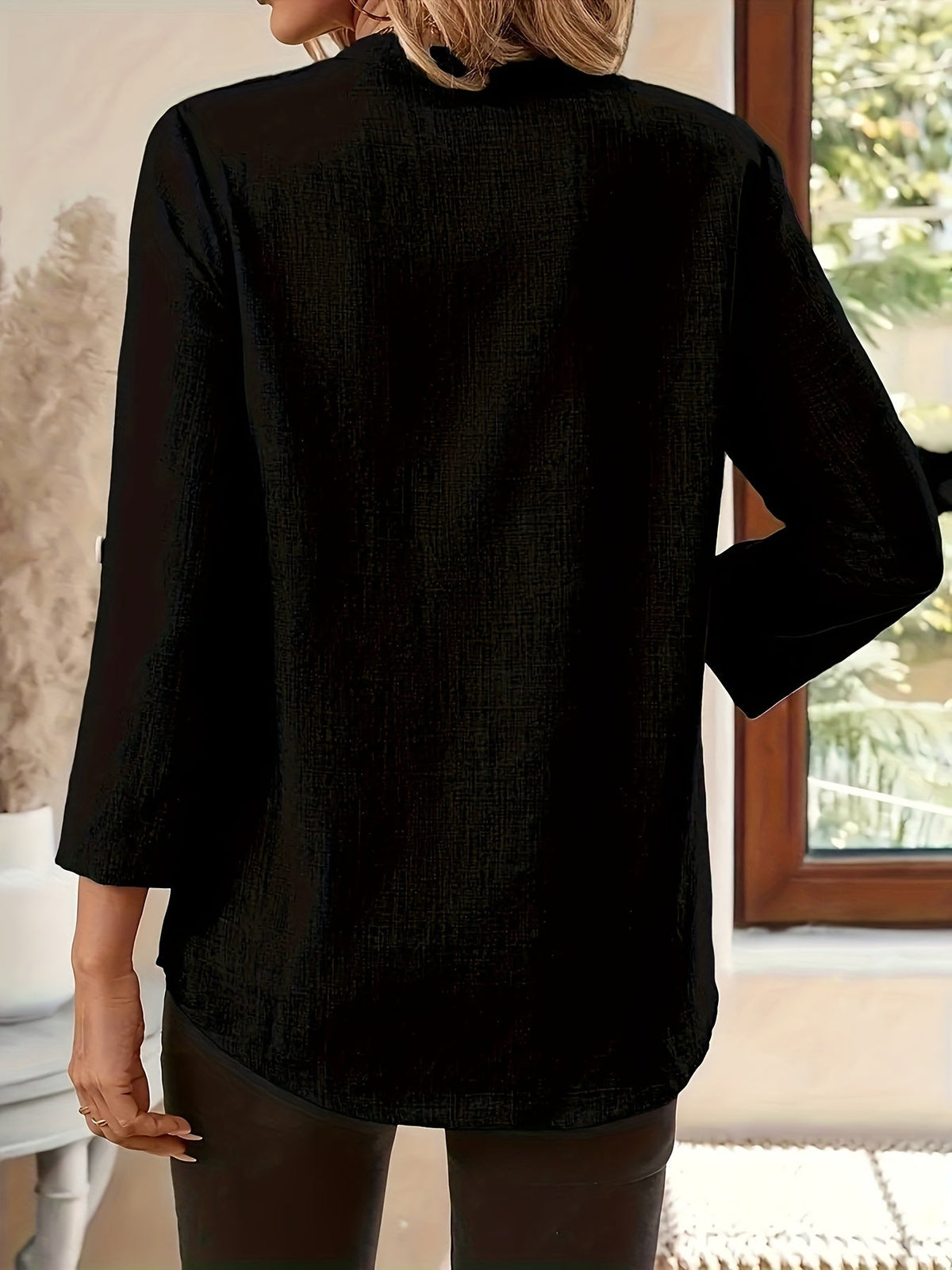 Women's relaxed V-neck roll-tab blouse in black, khaki, light green, apricot, blue and purple — Kessoro, image 9 of 16