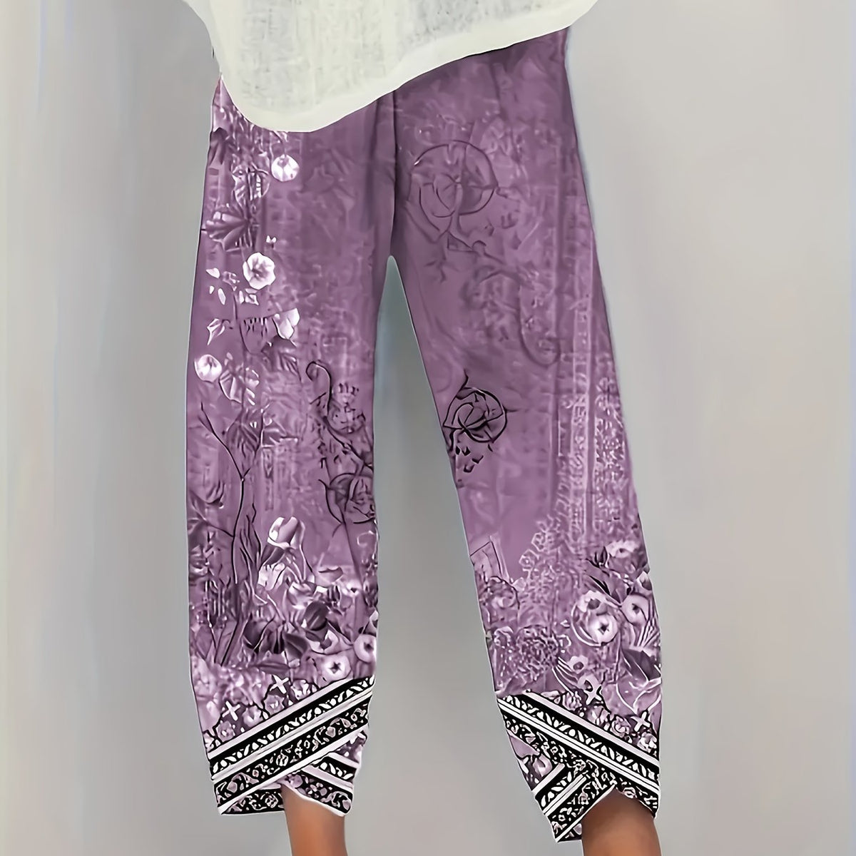 Kessoro women's botanical print elastic-waist cropped trousers in vintage plant and retro colours