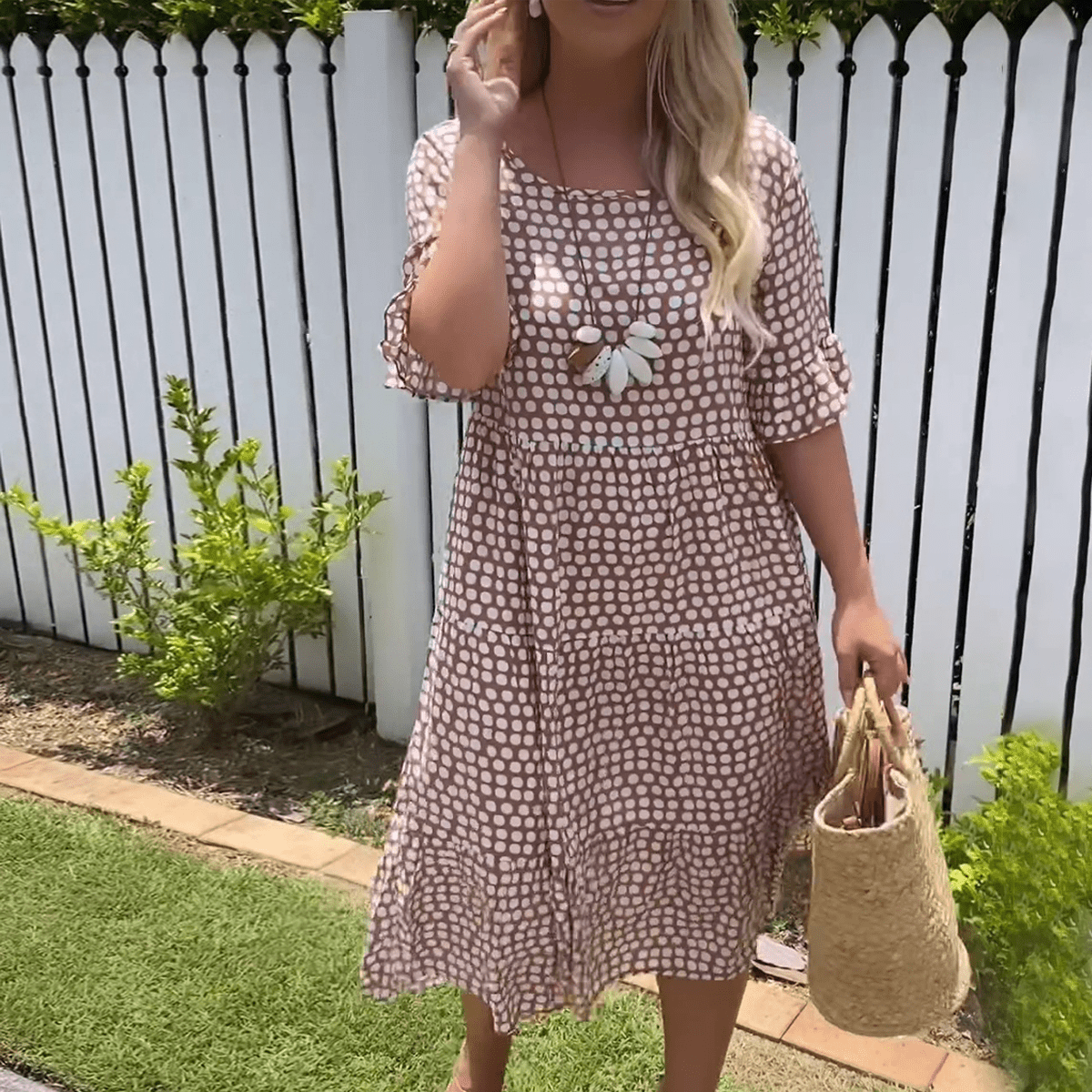Women's short sleeve flowing relaxed midi dress in brown, red, yellow, green, blue or black