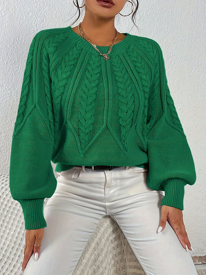 Kessoro women's relaxed cable-knit lantern-sleeve sweater in matcha, beige, burgundy, navy and camel